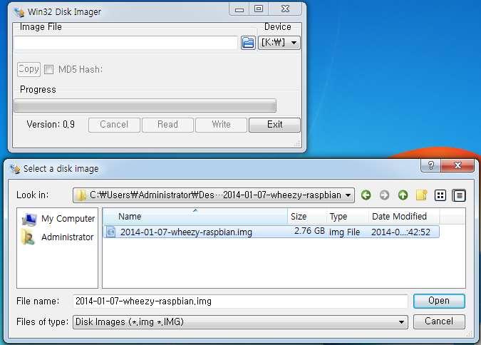 SD 카드에쓰기 win32diskimager 를실행해서 SD 카드에다운받은라즈비안을담습니다.