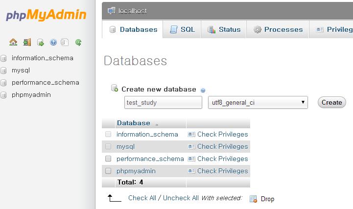 APM 설치 - phpmyadmin 사용 - 데이터베이스생성 Database 탭을선택하고 Create new database 에 test_study 라고입력하고