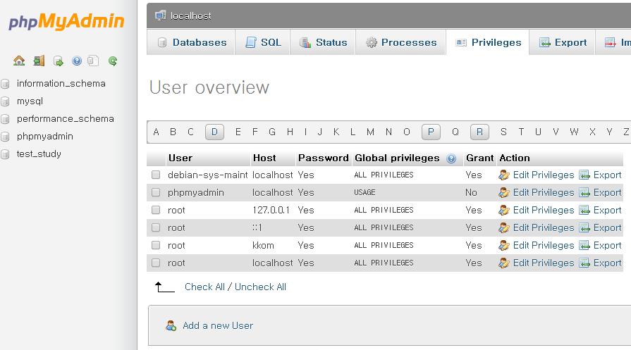 APM 설치 - phpmyadmin 사용 - 유저생성 왼편을보시면 test_study 데이터베이스가추가된것을확인할수있습니다.