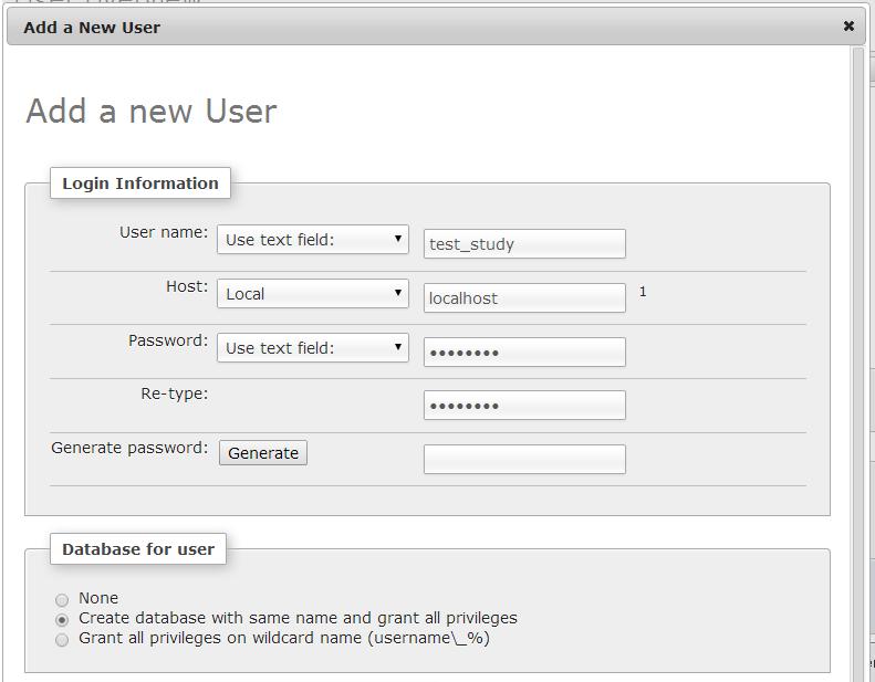 APM 설치 - phpmyadmin 사용 - 유저생성 User name 은임의로지정을해주시고 Host 에는 Local 을선택해줍니다. Password 에는사용할비밀번호를입력해줍니다. Password 는지정하기귀찮다면 Generate password 로패스워드를자동으로생성해줄수있습니다. 생성된비밀번호는따로메모해두어야합니다.