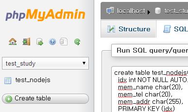 create table test_nodejs( idx int NOT NULL AUTO_INCREMENT,