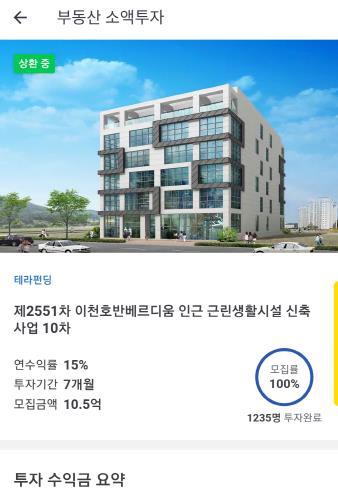 ( 토스 ) 부동산소액투자는 2017년 7월 테라펀딩 의상품을시작으로현재 어니스트펀드, 투게더펀딩 상품도합류하였으며 8퍼센트 의개인신용대출 P2P금융상품도중개 ( 카카오페이 ) 카카오페이는 2018년 11월 카카오페이투자 플랫폼을출시하고 피플펀드 와의제휴를통해개인채권구조화상품, 온라인선정산상품과부동산담보대출상품중개하였으며, 출시 2달반동안약