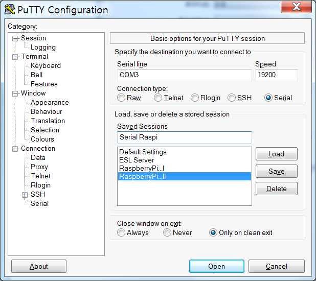 Win PC 와의시리얼통신 ( 계속 ) * PuTTY 통신프로그램 : 연결유형에서 Serial을체크 :
