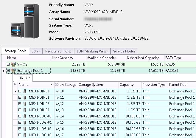 4 장 : 솔루션구축 EMC Storage Integrator를사용하여 Exchange용스토리지관리 ESI(EMC Storage Integrator) 를사용하여 VNX 또는 VNXe에서 Exchange용스토리지를프로비저닝및관리할수도있습니다. 그림 7 에서는 VNXe의 Exchange용으로용량할당된스토리지를보여줍니다.