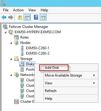 4 장 : 솔루션구축 그림 13. 디스크추가 4. Hyper-V 노드를확장하고 Exchange LUN을호스팅하는 Exchange 메일박스 서버가상머신을선택합니다. 5. 가상머신을마우스오른쪽버튼으로클릭하고 Settings를선택합니다. 6. Add Hardware를클릭하고 SCSI Controller를선택합니다. 7. Add를클릭하여하드드라이브를추가합니다.