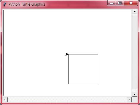 예제 : 사각형그리기 while 루프를이용하여서화면에사각형을그리는코드를작성해보자. import turtle t = turtle.turtle() i = 0 while i < 4: t.forward(100) t.