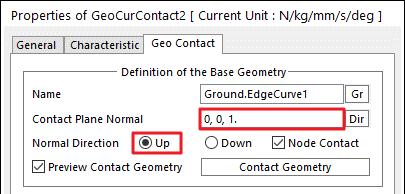 Ball_2 와하단 Guide Geometry 사이에서의 Contact 생성하기 1. Professional 탭의 2D Contact 그룹에서 GeoCir 를클릭하고아래의 Geometry 들을선택합니다. Curve: Ground.EdgeCurve1 Circle(Sphere): Ball_2.Ellipsoid1 2.