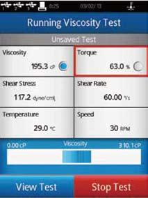 그림 IV-6 Running Viscosity Test 화면은 Global Alarm 과관련된데이터변수주변에색이다른박스로표시됩니다. 경고상태는처음에노란색으로표시됩니다. 측정변수가수용범위로되돌아오면, 색이표시된박스는사라집니다. 경고상태가두번째가될경우, 박스가붉은색으로표시됩니다. ( 그림 IV-7 참조 ). 경고음은한번만울립니다.