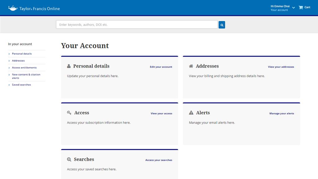 Your account F A B C E D A: Personal Details - 이용자의기본정보설정 B: Addresses - Billing/Shipping address 설정 C: Access -