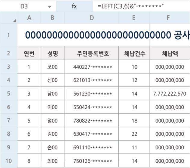 첨부엑셀파일에노출 > 치환함수 확인방법 : 마스킹된부분을마우스로클릭하여 함수 확인후,