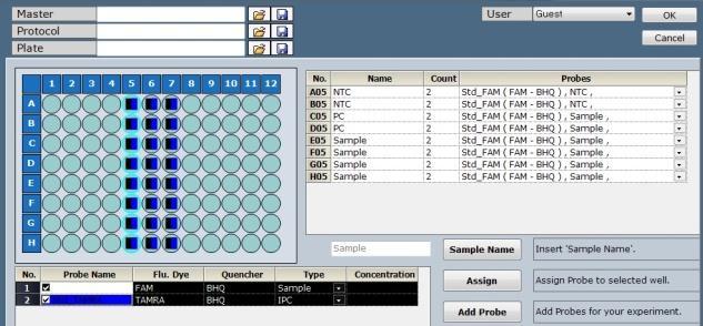 IPC, NTC 등의정보가나타나며이들중해당하는 type 을선택할수있습니다. Target PC IPC Filter FAM TAMRA Fig 8. Plate tab 19) 작성이올바른경우 OK 버튼을클릭합니다.