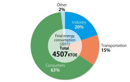 에너지수요ㅇ분야별에너지소비는가정용이 63% 로대부분차지 - 산업분야와교통분야가각각 20% 와 15% 를소비 - 일차에너지공급량중대부분이바이오매스로가정용장작등으로대부분의에너지소비 < 분야별에너지소비 2011> < 캄보디아촌락가정의주요연료원및사용용도 > 연료원 가정수 비율 (%) 용도 임산연료