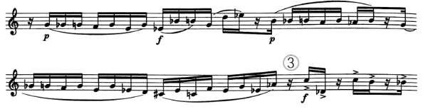 마지막악장은다소혼란스럽고예상할수없는무언가의확장을나타내고첫번째악장의주제가반복되어등장하기도한다. Moderato 템포로연주되지만, 3악장마지막에는 1악장처음의모티브와결합되어화려하고빠른테크닉을구사하게한다.