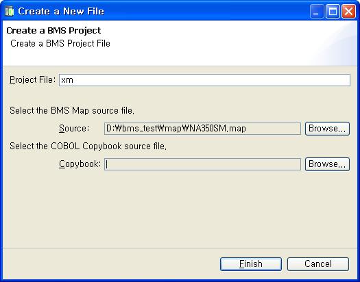 Create a BMS Project File 대화상자에서생성할프로젝트이름을입력하고 BMS Map source 및 Copybook source file을선택한뒤 [Finish] 버튼을클릭한다.