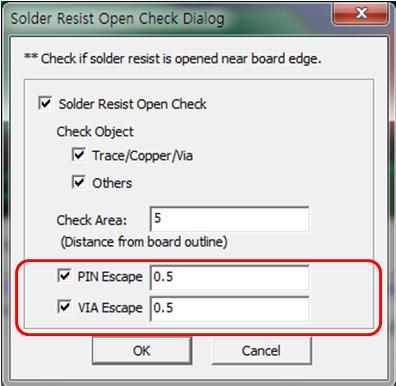 Net/Confirm Net Group Solder Resist Open Check 시 PIN/VIA Escape Option이추가되었습니다.