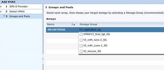 구성및리소스관리 1. AppSync 콘솔에서 Settings > Storage Infrastructure 를선택합니다. 2. 콘솔왼쪽아래의드롭다운목록에서 Add 를클릭하고 VMAX Storage 를선택하여 Add VMAX 스토리지마법사를시작합니다. 3.