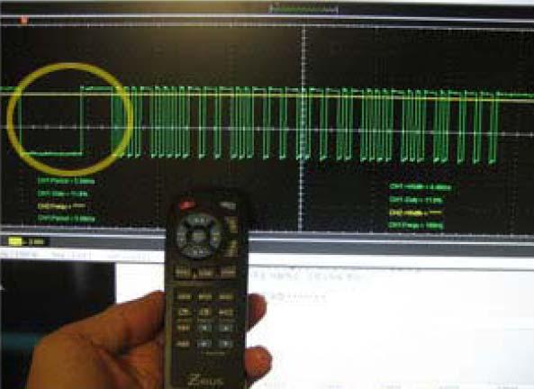 IR Remote Control (2) IR 변조 (IR Modulation) 잡음 (noise) 에강인하게신호를전송하기위해특정주파수에맞추어 IR light 소스의 on/off 를통해펄스를생성하여신호를전송 가전장비등에서는주로 30 KHz~ 60 KHz 주파수를사용