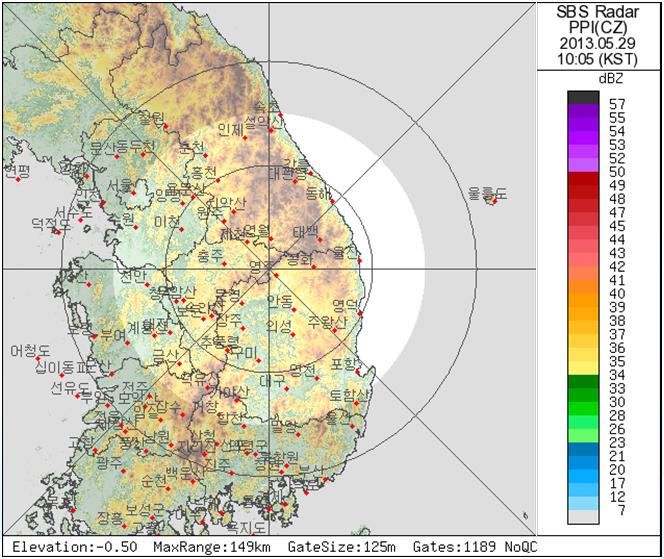 그림 3. Fig. 3. Detection range on Sobaeksan rain radar. Height[km] 3.0 2.4 1.8 1.2 0.