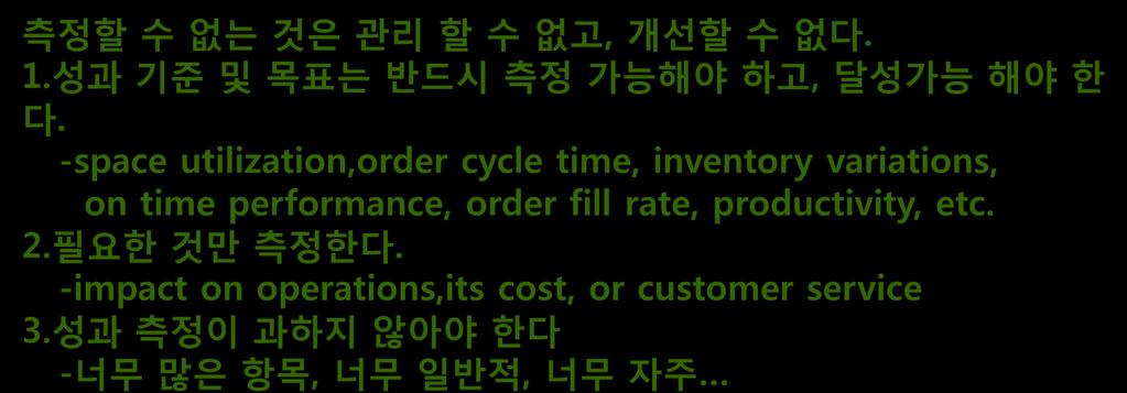 -space utilization,order cycle time, inventory variations, on time performance, order fill rate,