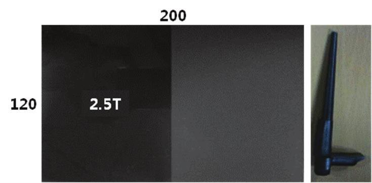 [ 그림 4 Aspect ratio(h/d) 변화에따른보강, 비보강 HDPE, PS [ 그림 5 시편형상 (Side gate 10 mm x 1 mm) 및제팅구현 ] 의 B/(h/D) 범위 [2] ] 1.