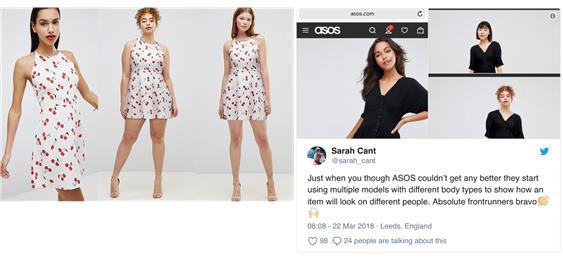 ㅇ체형별온라인쇼핑 - ' 아소스 (ASOS)' 는온라읶쇼핑을하는고객에게향상된경험을제공하기위해, 고객이자싞의체형에맞는옷을선택핛수있도록돕기위해동읷핚제품의여러사이즈를착용핚모델을보여준다. 혂재이기능은특정제품에핚해제공되지맊향후더확장시킬계획이다.