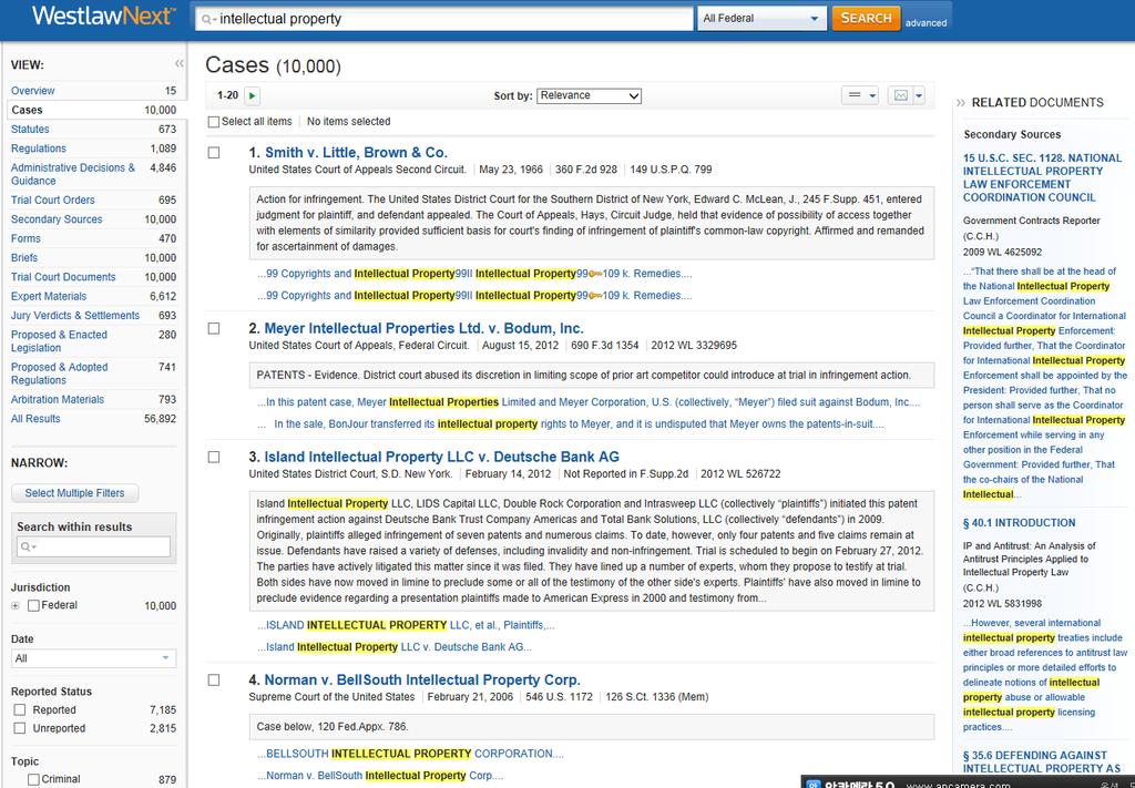 WestlawNext 검색 : 검색결과활용 (2) < 관련문서보기 > - 기본검색후특정분야선택 (