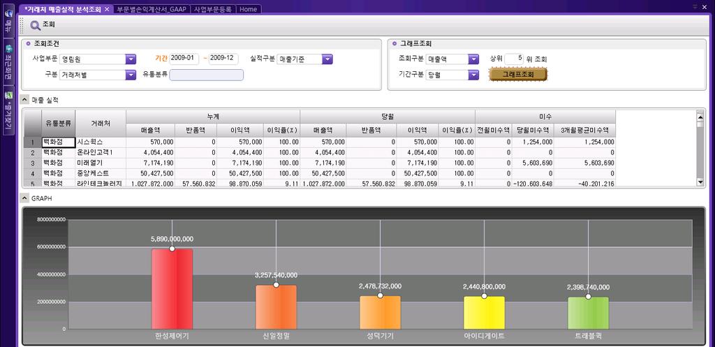 시스템적용방안 - 영업물류 Report 거래처매출실적분석 거래처매출실적분석조회 실적구분,