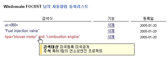 3.8 검색식자동알림에등록 사용한검색식을자동알림서비스에등록하여각특허DB별로업데이트될때마다등록된검색식에해당하는특허리스트를사용자의이메일로제공하는서비스입니다. 자동알림에등록된검색식리스트는기본메뉴의사용자정보 > 등록정보관리 > 자동알림등록메뉴에서확인하거나삭제할수있습니다. 1 등록하고자하는검색식에해당하는번호의옵션단추를클릭합니다.