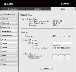 시간설정 (HTML 뷰어의경우 ) HTML 뷰어의날짜와시간을설정할수있습니다. INPUT G (HTML 뷰어 ) 에미리설정된날짜와시간을사용하십시오. [ 수동 ( 로컬 )] 또는 [NTP 서버 ] 에서시간을설정할수있습니다. SW Update 버튼 System Info.: 소프트웨어버전을확인하십시오.