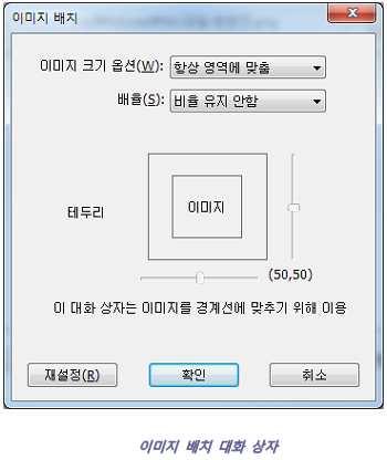 Ÿ 지정된이미지의설정을편집하기위해고급단추를클릭합니다. A. 이미지크기옵션 삽입하려는이미지의크기를조절할때선택합니다. 옵션은 네가지가있습니다. 항상영역에맞춤 : 사용자가그리는선택영역에맞도록이미지크기를조절하여보여줍니다.