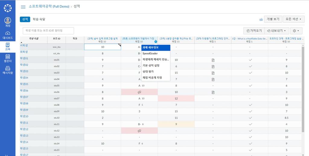 특정수강생필터링하여메시지보내기 / 상대평가 / 기본점수일괄입력 학생에게메시지전송상대평가설정기본성적설정 개별항목평가