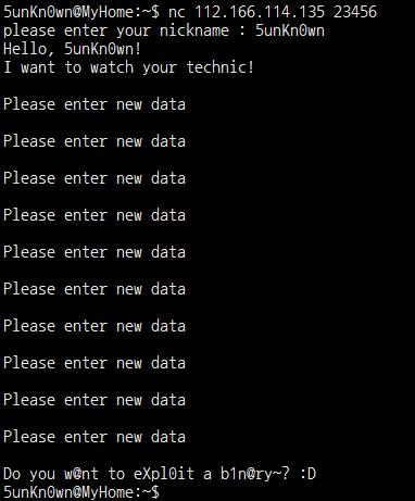 입력을받을때는입력받은데이터가 0 바이트라면다시입력받게하지만반복문을 10 번까지만 돌기때문에 nc 에접속하고 10 번만아무값도입력하지않으면됩니다.