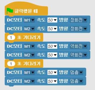 별도의멈춤명령 이없다면스크립트실행이멈추었을때, 심지어보드와의통신이끊어진경우에도 모터는움직입니다. 이럴경우에는보드의리셋버튼을누르면모터가멈춥니다.