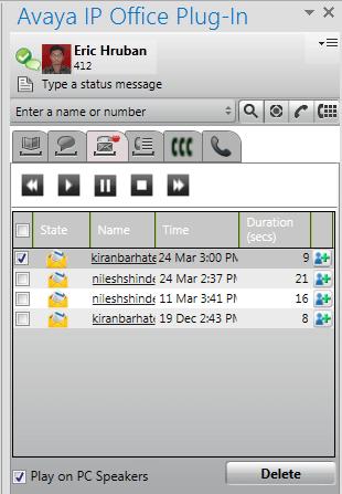 13.10.4 음성 메 옵션 Microsoft Outlook 플러 그 인 : 추가 기능 일 아이콘을 클릭하여 사서함에 음성 메일 메시지를 표시합니다. 아이콘은 새 메시지가 도착하면 빨간색 점을 표시합니다. 탭을 사용하 여 메시지를 정렬, 관리 및 재생할 수 있습니다. 메시지를 재생하려면: 1. 재생하려는 메시지를 선택합니다. 2.