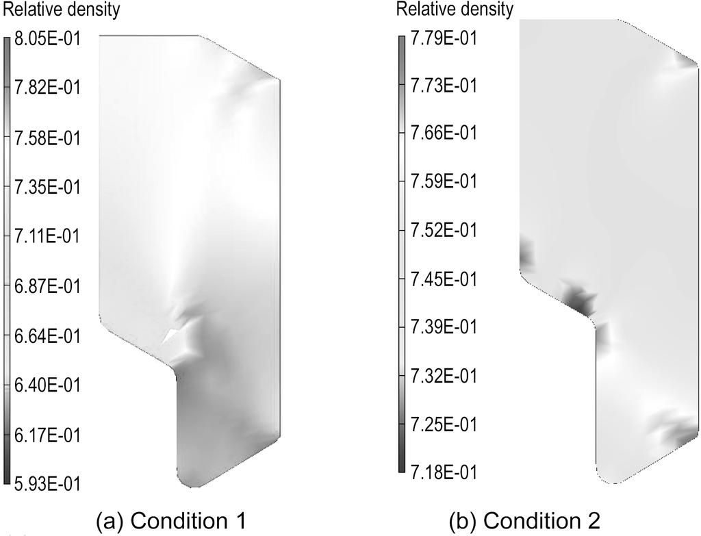 xœ w ù x s FE 863 Fig. 7. Comparison of the relative density distribution of the alumina green body at the end of compaction process. Fig. 8. Crack generation possibility analysis results of the alumina green body with the loading schedule of the compaction process.