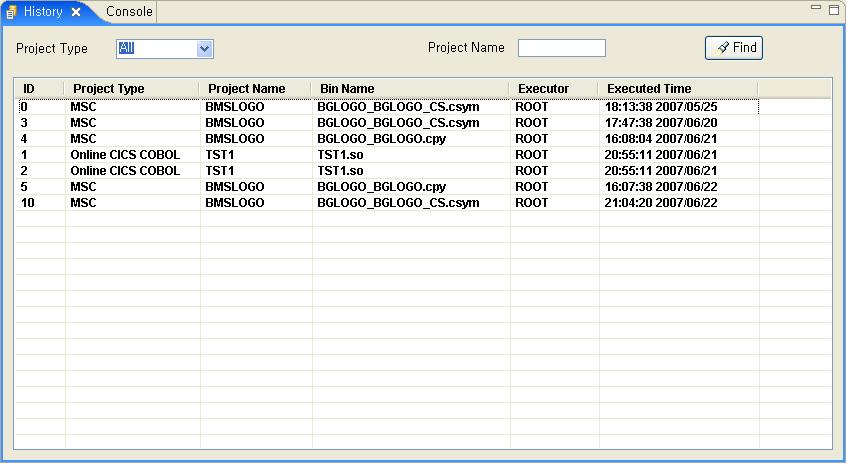 제 3 장 DEP 주요기능 [ 그림 3-11] History 직접 Project Type 및 Project Name를지정하여검색할수있다.