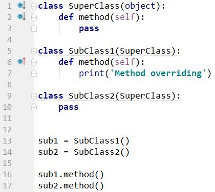 클래스상속, 추상메소드, 메소드오버라이딩 SuperClass 로부터 SubClass1 와 SubClass2 가클래스상속 SuperClass 의 method() 는정의되지않은추상메소드