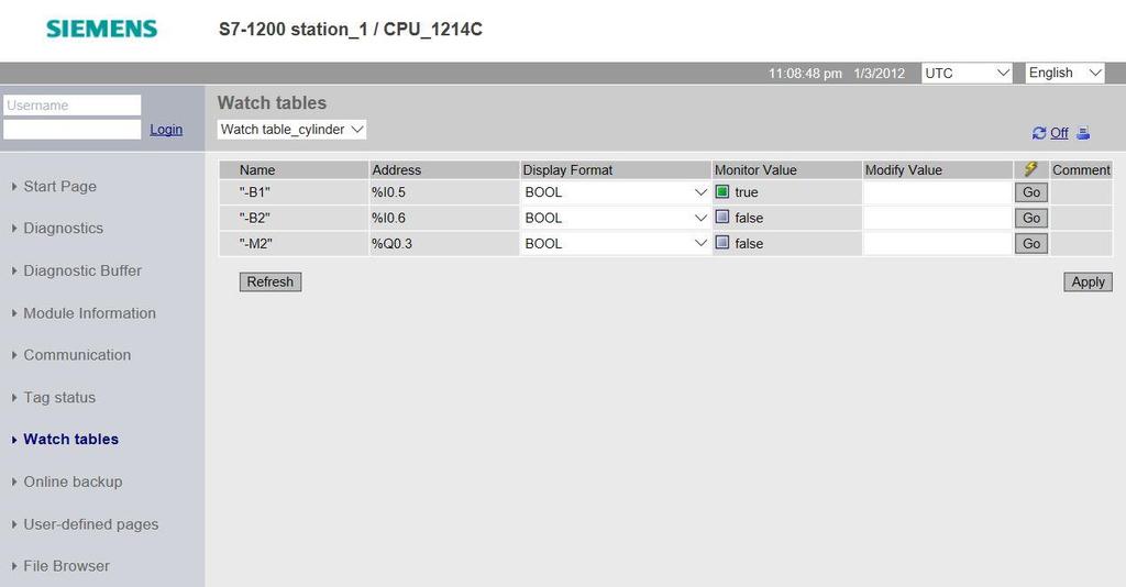 fi 'Watch tables' that are linked with the web server, such as the 'Watch table_cylinder', can also be displayed.