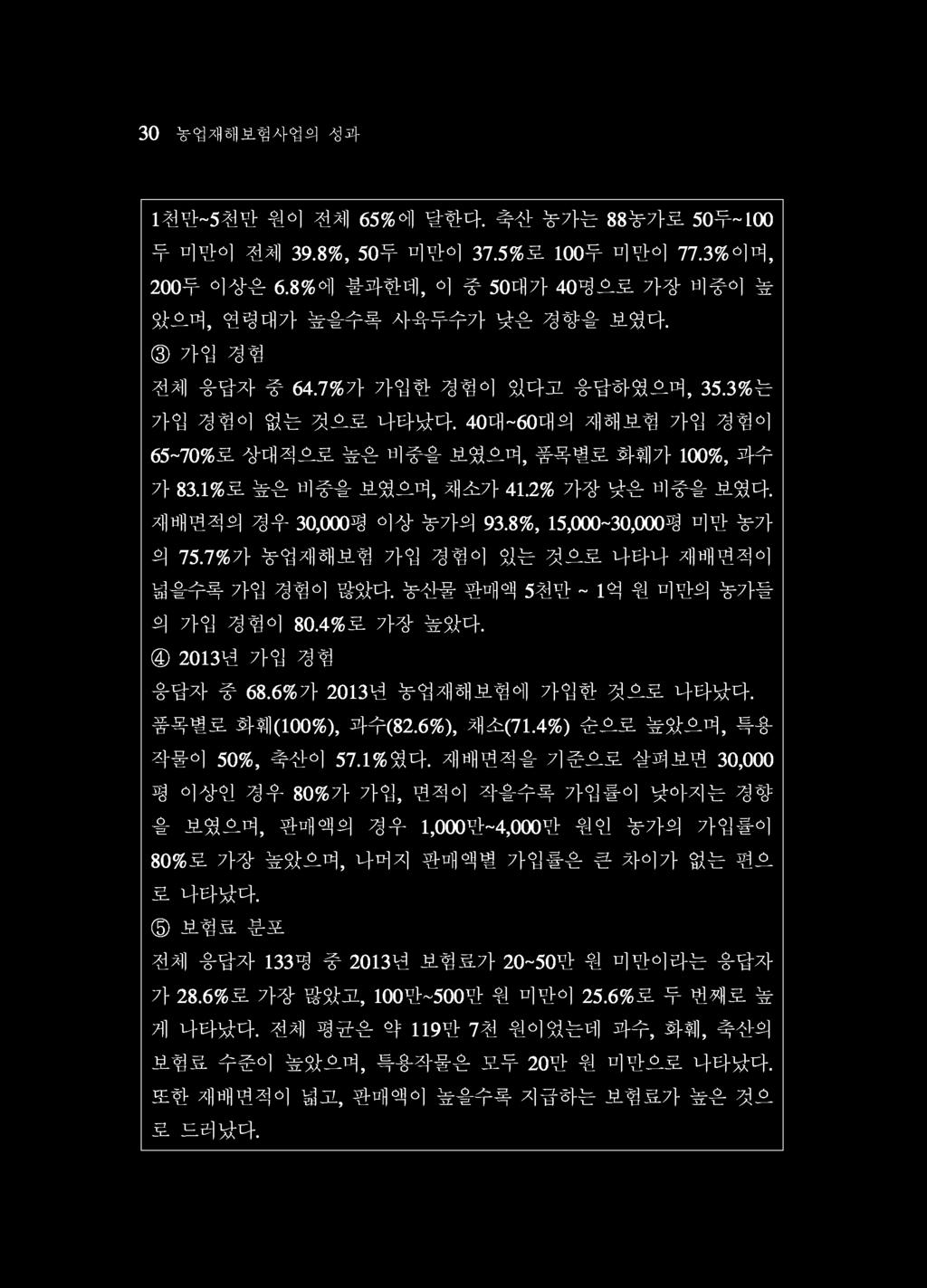 7% 가농업재해보험가입경험이있는것으로나타나재배면적이넓을수록가입경험이많았다. 농산물판매액 5천만 ~ 1억원미만의농가들의가입경험이 80.4% 로가장높았다. 4 2아 3년가입경험응답자중 68.6% 가 2아 3년농업재해보험에가입한것으로나타났다. 품목별로화훼 (100%), 과수 (82.6%), 채소 (71.4%) 순으로높았으며, 특용작물이 50%, 축산이 57.