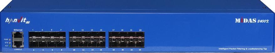 MIDAS-2400X (24) 10G Intelligent Packet Aggregator & Splitter for 10G Network 데이터센터의 SPAN 포트나 TAP 으로부터네트워크데이터를통합하여중앙의 tool farm 으로전달 다수의툴이네트워크데이터로억세스 - 모니터링및트러블슈팅의효율성을극대화 (24)10G SFP+ 포트로 10G 네트워크를지원