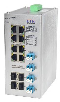 Managed Industrial 1G/10G L2 PoE/PoE+, 2Core Bypass Switch 제품 주요 사양 산업용 스위치: ETK-5000B-P842D-2C Managed Industrial 1G/10G L2 PoE/PoE+, Din Rail Type Switch 8x10/100/1000M UTP, PoE,4xSFP+(1G or
