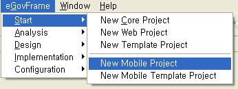 LAB 1-1 모바일프로젝트생성실습 (1/2) Step 1-1-01. 구현도구에서 egovframe>start>new Mobile Project 메뉴를선택한다.
