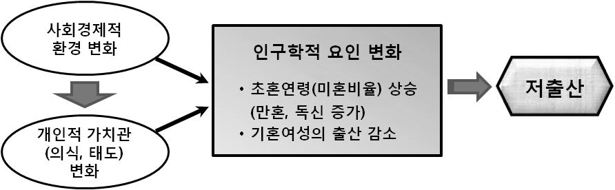 저출산원인의실증분석 : 혼인율하락과초혼연령상승의경제적요인 2. 이론적배경 1) 저출산의원인 지금까지학계에서논의된인구고령화의주된요인으로는기대수명연장과저출산현상을들수있다. 먼저의학기술의발달과소득증가및생활수준의향상에기인한기대수명의연장은정책적인대응을필요로하지않는다.