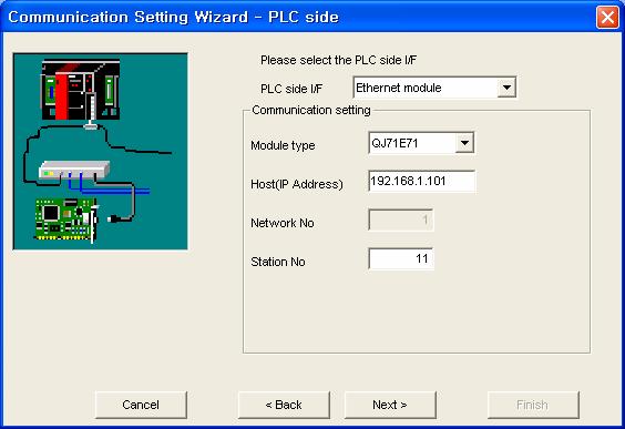 이전쪽에서계속 3 Wizard 버튼을클릭합니다. 4 왼쪽화면이표시되면, Logical station number 를 1 로설정하고, anext 버튼을클릭합니다. 5 PC측을아래와같이설정하고설정이끝나면, anext 버튼을클릭합니다. PC측 I/F :Ethernet 보드접속상대모듈타입 :QJ71E71 프로토콜 :TCP 네트워크No.
