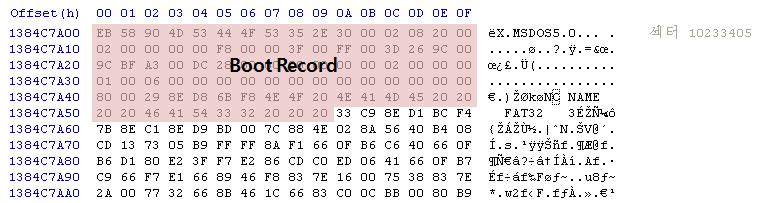Boot Record 영역의분석을위해서는이전에분석했던 MBR 영역에서 Partition 2 의 Boot record 영역을찾아가야한다. 일반적으로 Boot Record 의경우예약된영역의첫번째섹터, 해당볼륨의첫번째섹터에존재하기때문에이를이용하면해당파티션의첫번째섹터를찾아간다고생각하면된다.