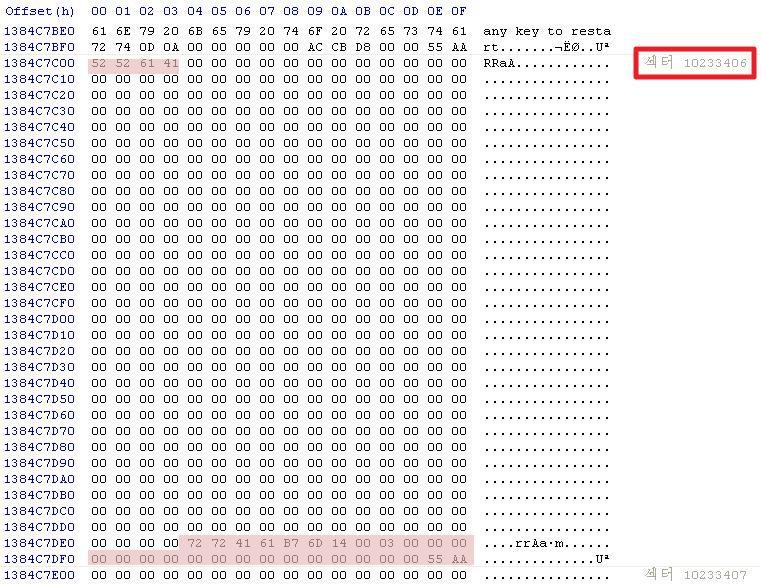 2.5.2. Reserved Area 분석 [ 그림 2-11] Partition 2 의 Reserved Area Boot Record 에서 FS Info 구조체의위치는 Sector 1 로나와있었다. 하지만이는섹터번호가 0 부터시작하기때문에첫번째섹터가아니라해당파티션의두번째 섹터를의미하게된다. 위에서확인한것과같이섹터의시작은 0x41615252 로채워져있다.