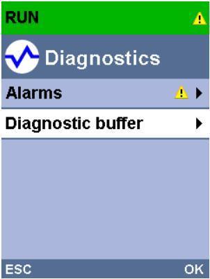 예를들어시스템진단을통해생성된경고텍스트를 "Diagnostics" 메뉴아래의 "Alarms" 에서확인할수있습니다.