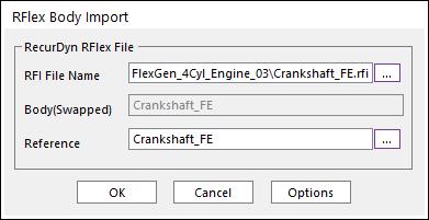 Reference 영역에서 버튼을클릭한뒤, Crankshaft_FE 를선택합니다. (Reference 영역에표기된이름이 Crankshaft_FE 로변경되었는지확인합니다.