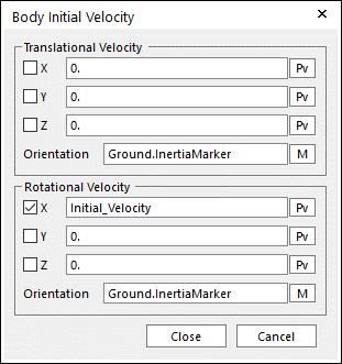 Body Initial Velocity Dialog 에서다음과같이작업합니다. Rotational Velocity 에서 X 를체크하고, PV 버튼을클릭합니다.