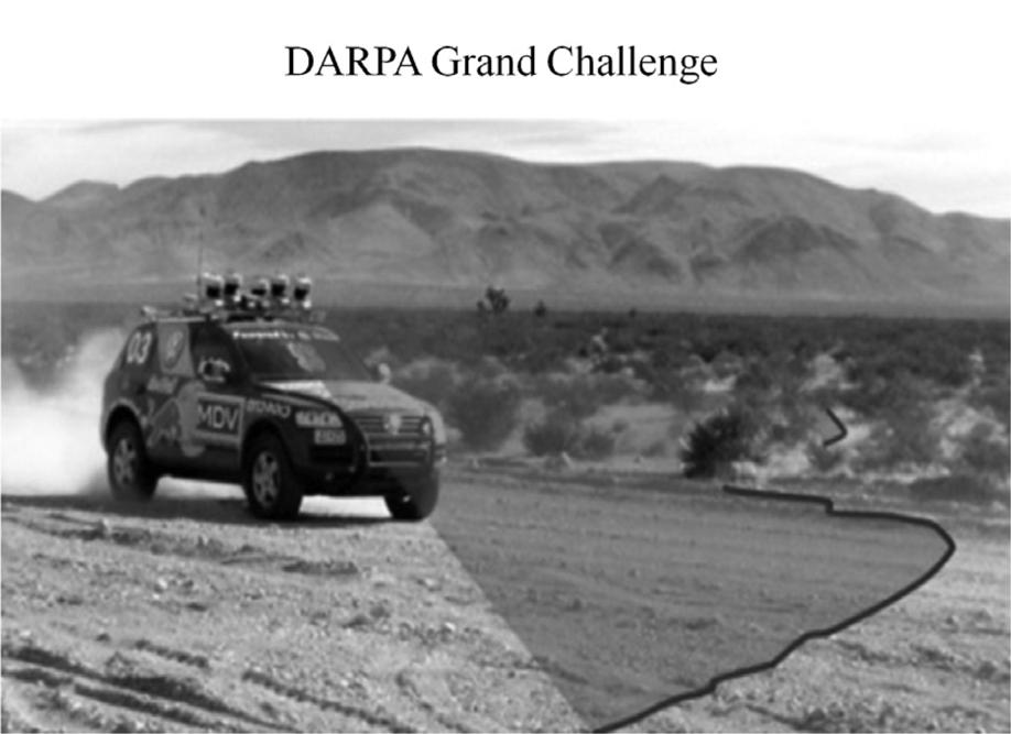 그림 1 기계학습성공사례. 스탠포드대학교인공지능연구소에서개발한무인자동차가기계학습기술을활용하여 DARPA Grand Challenge 에서우승함 [9] 다. 여기서입력벡터 x i 는카메라입력에대한영상데이터를나타내고, 츨력벡터 y i 는핸들방향, 가속도페달, 브레이크페달을조작하는변수값들을표시한다.
